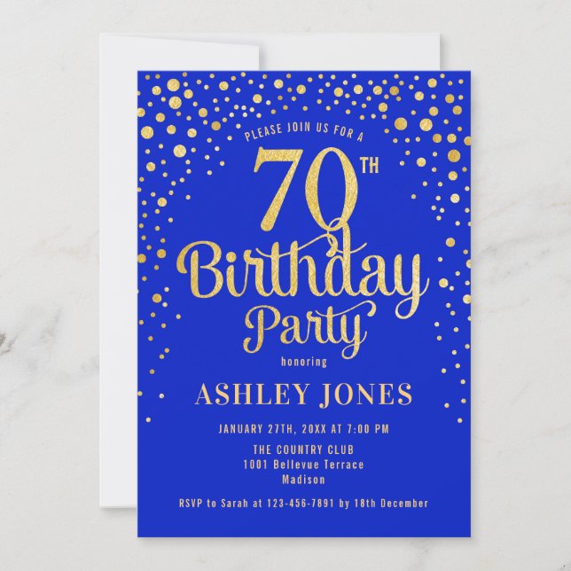 Invitation 70e fête d'anniversaire - Royal Blue & Gold (Devant)