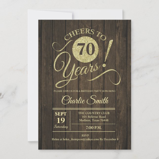 Invitation 70e fête d'anniversaire - Rustic Wood Gold (Devant)