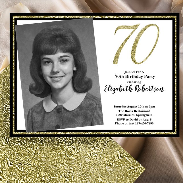 Invitation 70e Photo personnalisée Blanc Noir et Or (Créateur téléchargé)