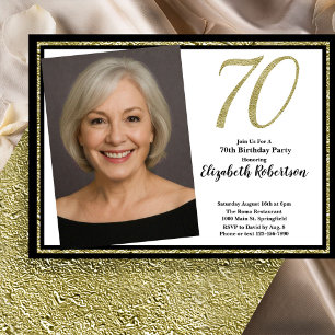 Invitation 70e photo personnalisée blanc noir et or