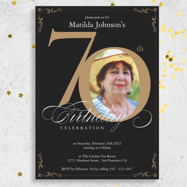 Invitation 70ème Black Gold Elegant Calligraphie Photo Annive (Black Gold Elegant Photo 70th Birthday Party Invitation)
