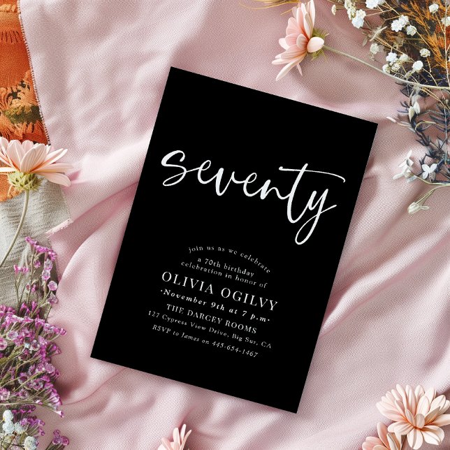 Invitation 70ème Blanc sur Noir Anniversaire Fête Script mode (Créateur téléchargé)