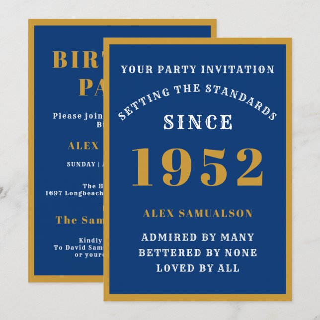 Invitation 70th Birthday Ajouter le nom 1952 Elegant Chic Blu (Devant / Derrière)