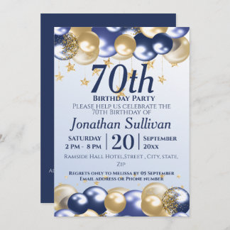 Invitation 70th Birthday Navy Gold Balloons Party