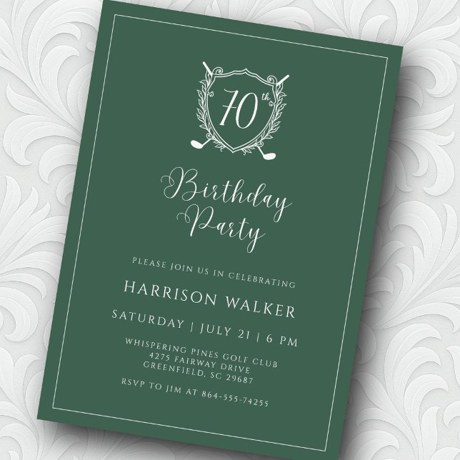 Invitation 70th Birthday Party Golf Crest Elegant Script Sage (Script font adds just the right touch of elegance. )