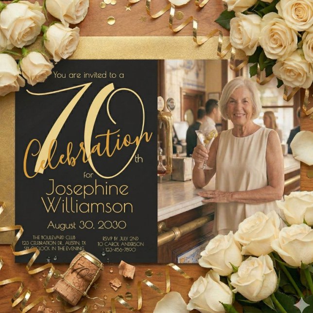 Invitation 70th Celebration Photo Black Gold 70th Birthday (Créateur téléchargé)