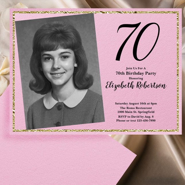 Invitation 70th Custom Photo Pink and Gold  (Créateur téléchargé)