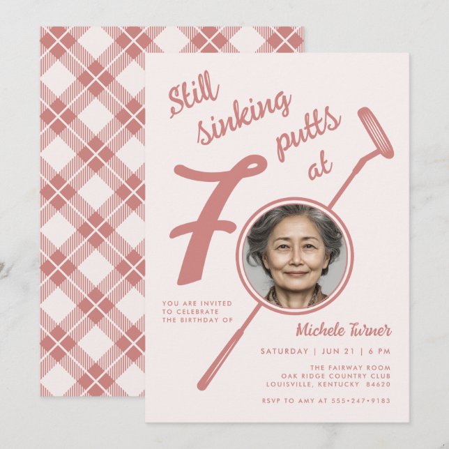 Invitation 70th Golf Theme Birthday Party Photo Modern Pink (Devant / Derrière)