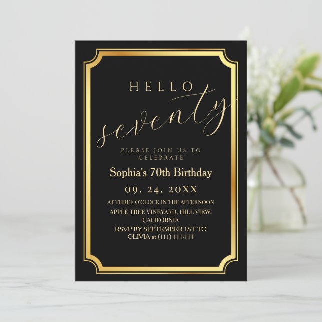 Invitation 70th Modern & Minimal Black Birthday Party (Debout devant)