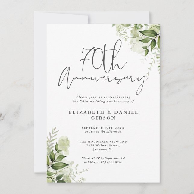 Invitation 70th Wedding Anniversary Greenery Floral (Devant)