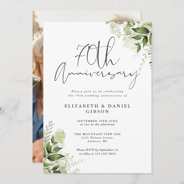 Invitation 70th Wedding Anniversary Greenery Floral (Devant / Derrière)