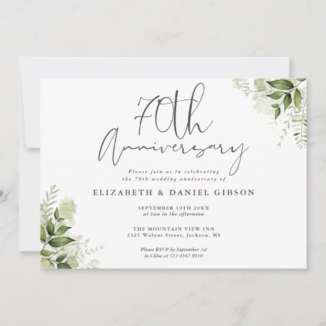 Invitation 70th Wedding Anniversary Greenery Floral (Devant)