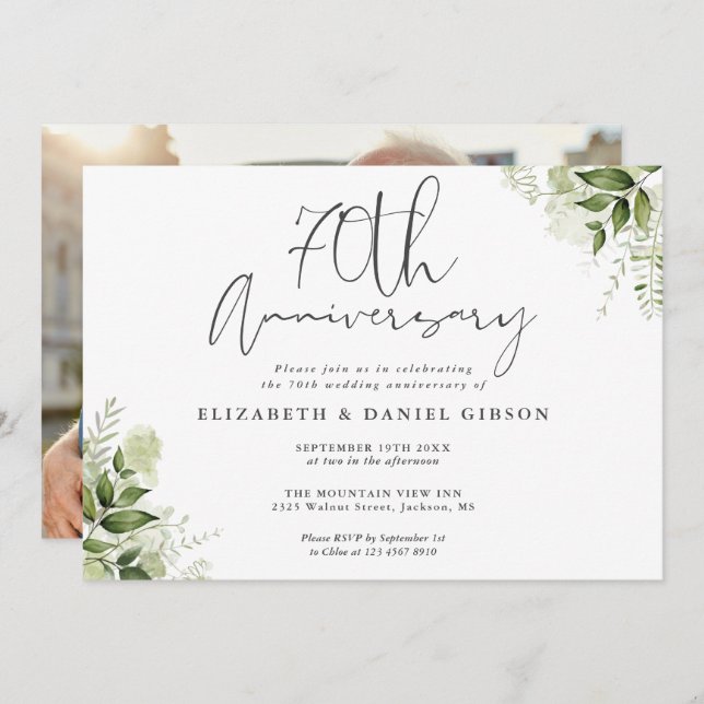 Invitation 70th Wedding Anniversary Greenery Floral Photo (Devant / Derrière)
