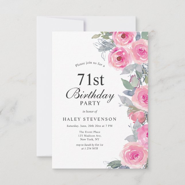 Invitation 71 ans Fleurie Aquarelle Rose Féminin (Devant)