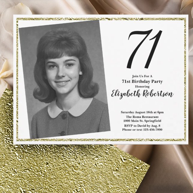 Invitation 71e photo personnalisée blanc et or  (Créateur téléchargé)