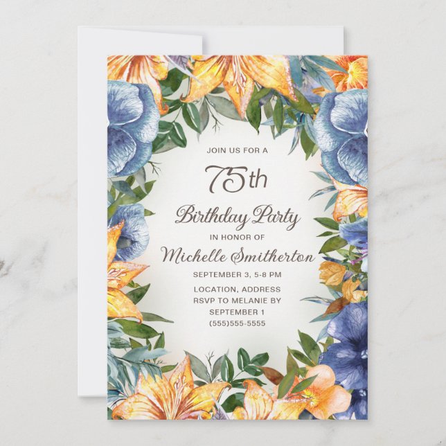 Invitation 75 ans Fleur Bleu Orange (Devant)