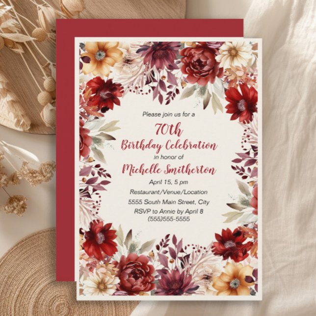 Invitation 75 ans Fleurs aquarelle Crème Bourgogne (Burgundy, rust, and cream-colored watercolor floral 70th birthday party invitation)