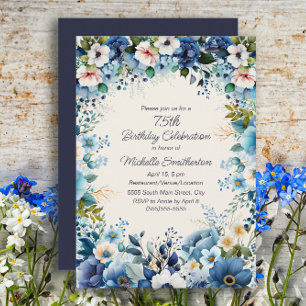 Invitation 75 ans Navy Dusty Blue White Floral 