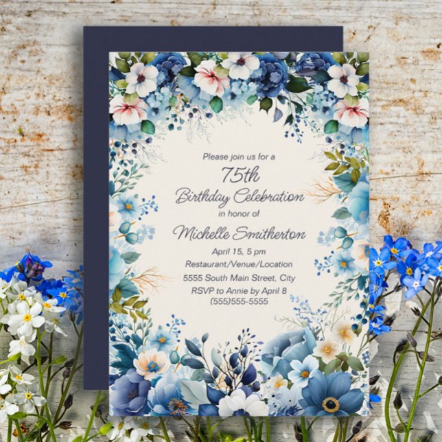 Invitation 75 ans Navy Dusty Blue White Floral  (Blue floral 75th birthday party invitation)