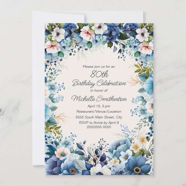 Invitation 75 ans Navy Dusty Blue White Floral  (Devant)