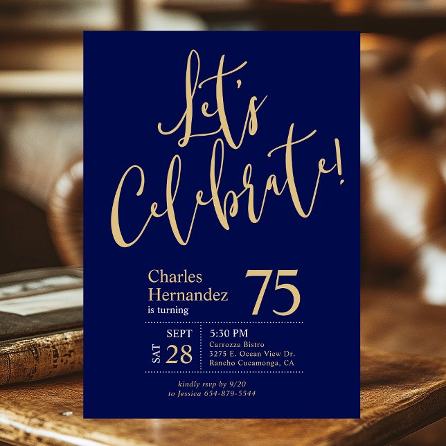 Invitation 75e anniversaire Bleu marine Or Photo (Créateur téléchargé)