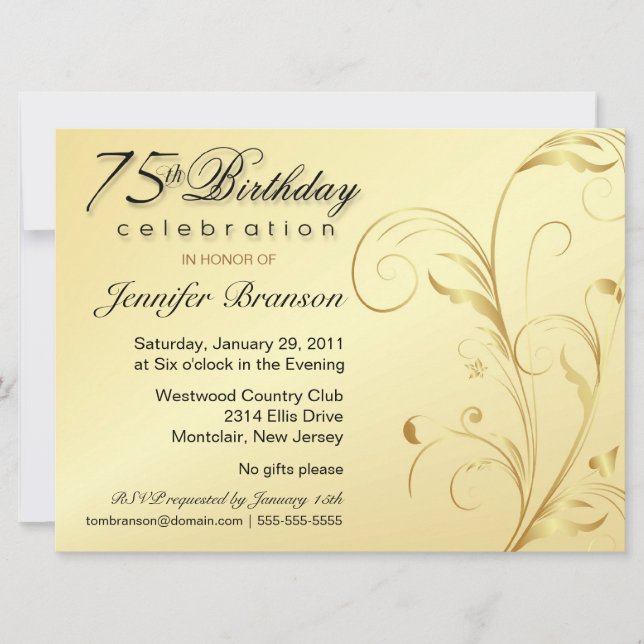 Invitation 75e anniversaire de la Surprise Party - Gold Flora (Devant)