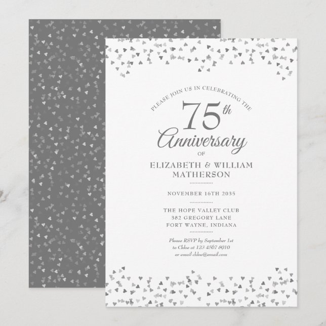 Invitation 75e anniversaire de Mariage Amour Coeurs Confetti (Devant / Derrière)