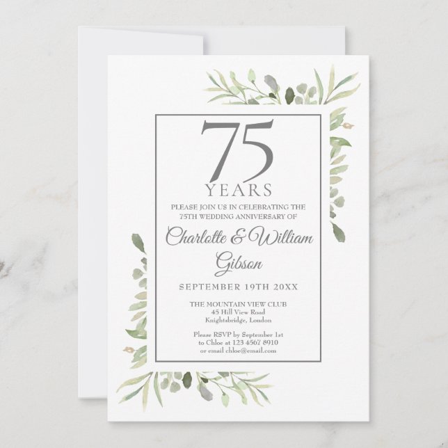 Invitation 75e Anniversaire de Mariage Aquarelle Verdure (Devant)