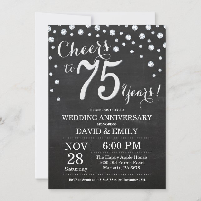 Invitation 75e Anniversaire de Mariage Ardoise Noir Argent (Devant)
