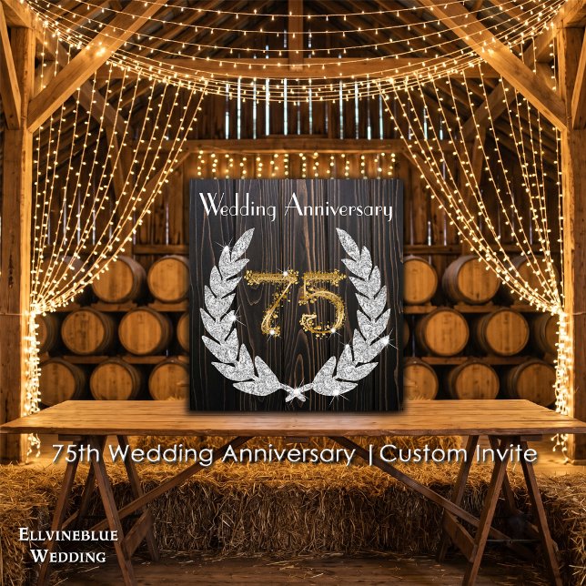 Invitation 75e anniversaire de mariage | Bois rustique et or (75th Wedding Anniversary Invite | Rustic Wood & Diamond Laurel. Size: 5.25” x 5.25”)