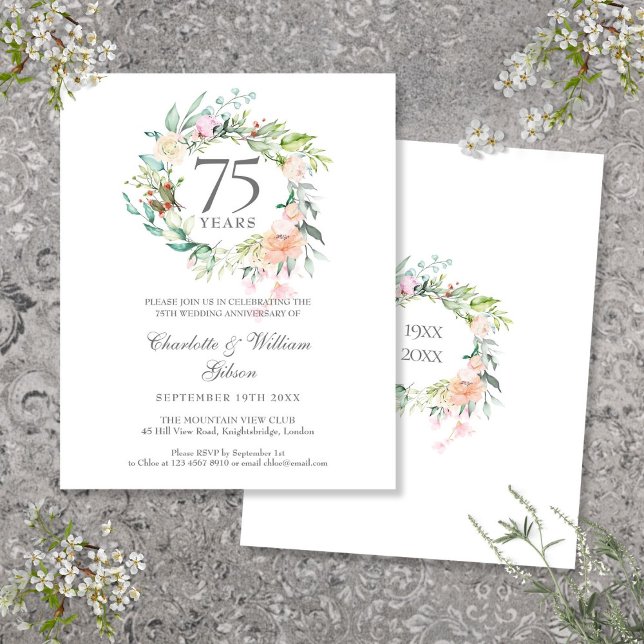 Invitation 75e anniversaire de mariage Budget Rose (Budget Roses Garland 75th Anniversary Invitation)