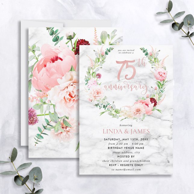Invitation 75e anniversaire de Mariage Elégant Rose or Floral (Créateur téléchargé)