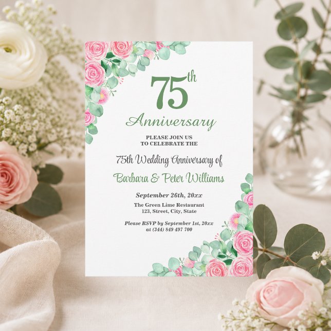 Invitation 75e Anniversaire de Mariage Eucalyptus Roses (Créateur téléchargé)