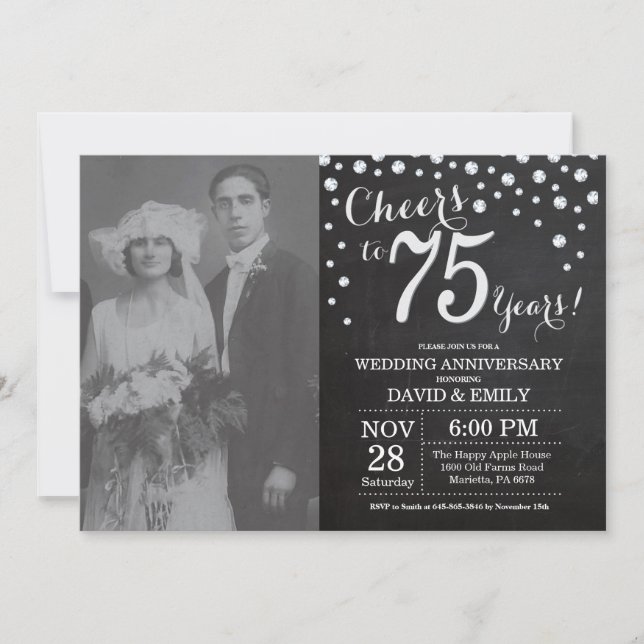 Invitation 75e anniversaire de mariage tableau noir argent (Devant)