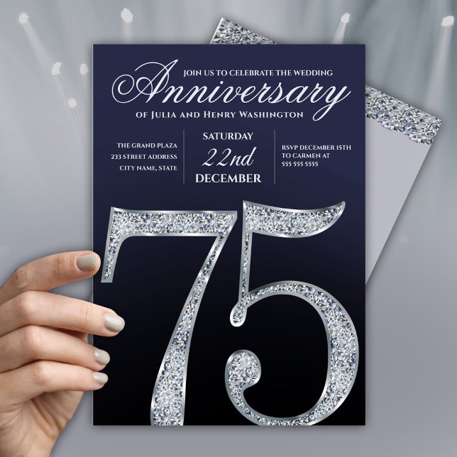 Invitation 75e Anniversaire Diamant Argent Bleu Marine Modern (Créateur téléchargé)