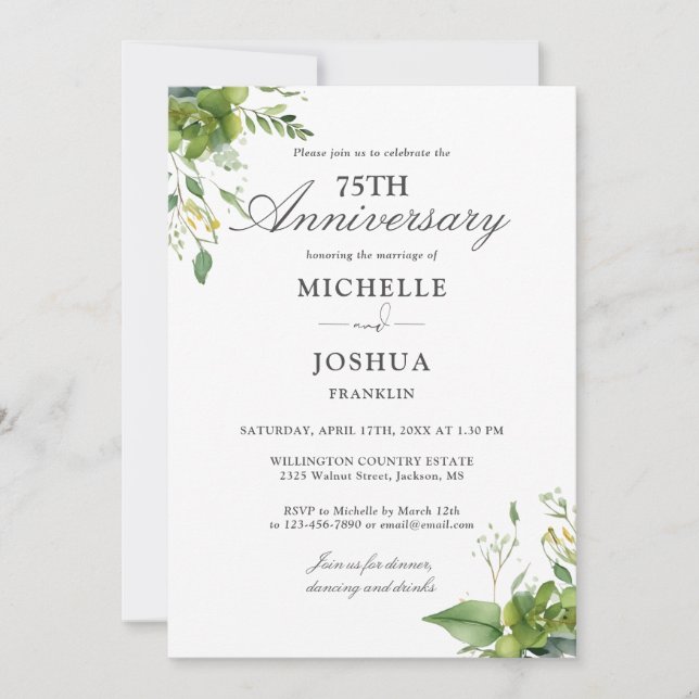 Invitation 75e anniversaire du Mariage Floral Green Photo (Devant)