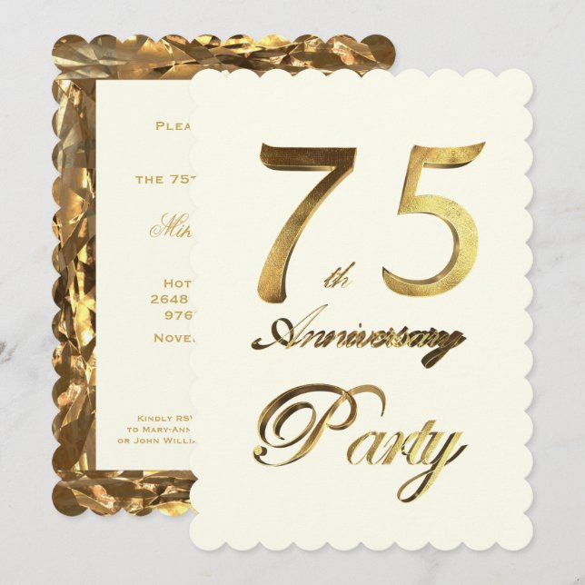 Invitation 75e anniversaire élégant or ivoire (Devant / Derrière)