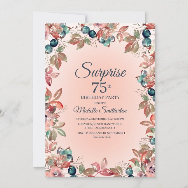 Invitation 75e anniversaire femmes rose sarcelle fleurs feuil (Devant)