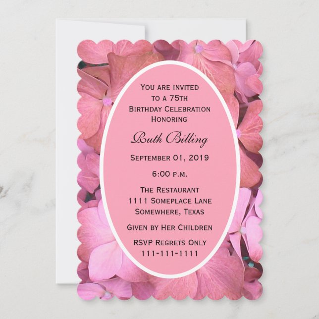 Invitation 75e anniversaire fête Pink Scalloped Hydrangeas (Devant)