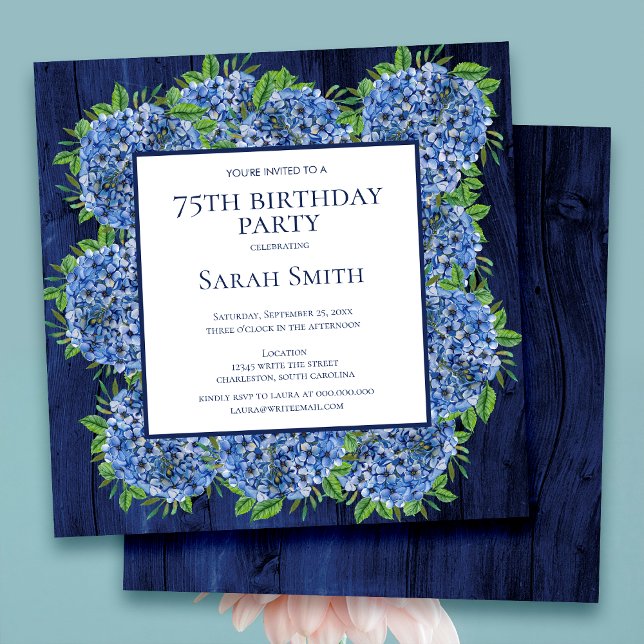 Invitation 75e Anniversaire Fête Rustique Bois Hydrangeas Ble (Créateur téléchargé)