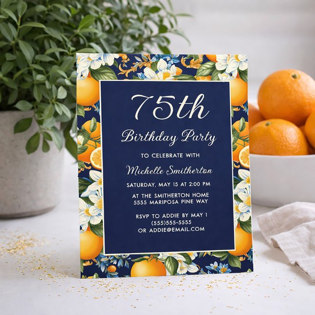 Invitation 75e anniversaire Fleurs blanches Orange (Oranges on navy blue 75th birthday invitation)