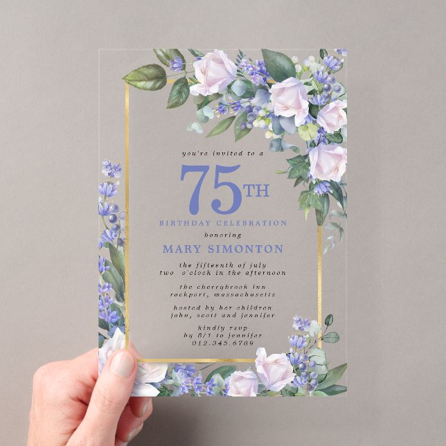 Invitation 75e anniversaire Fleurs Bleu Blanc Or (In situ (ordinateur de poche))