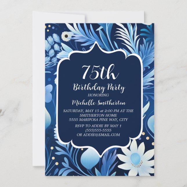 Invitation 75e anniversaire Fleurs Bleu Poussiéreu (Devant)