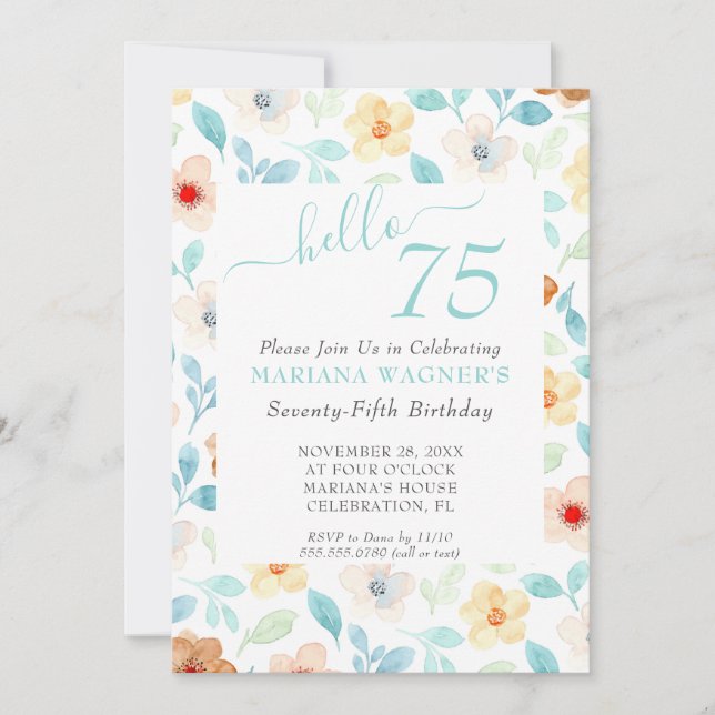 Invitation 75e anniversaire fleurs jaune et sarcel (Devant)