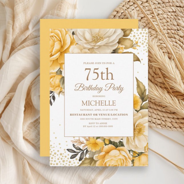 Invitation 75e anniversaire fleurs jaunes paillett (Yellow and ivory watercolor floral women's 75th birthday party invitation)