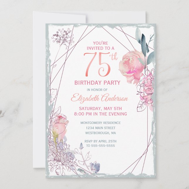 Invitation 75e anniversaire Floral Blush Rose Watercolor Part (Devant)