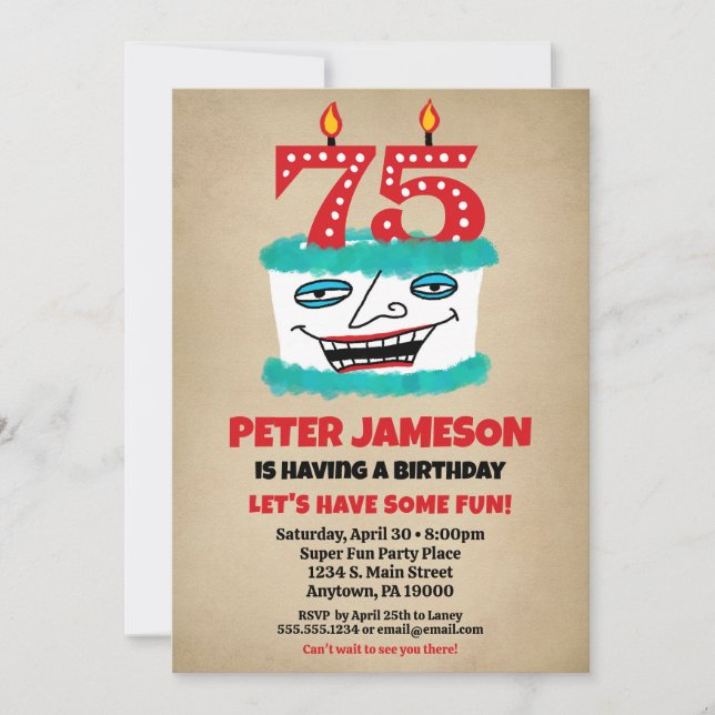 Invitation 75e anniversaire Funny Cake Mens Décont (Devant)
