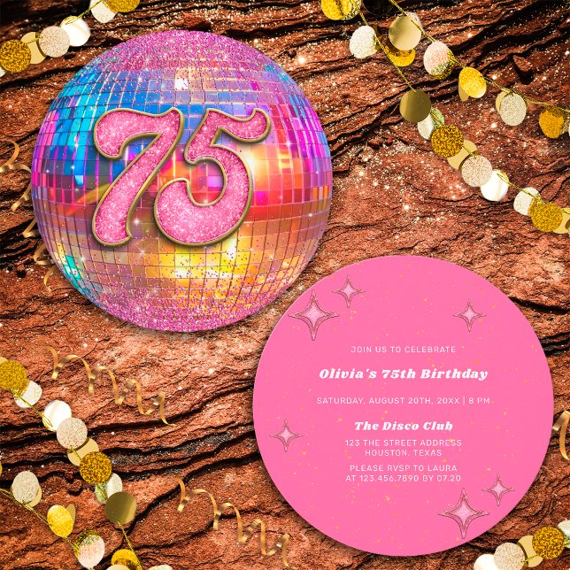 Invitation 75e anniversaire Gold Pink Parties scintillant Dis (Front/Back)
