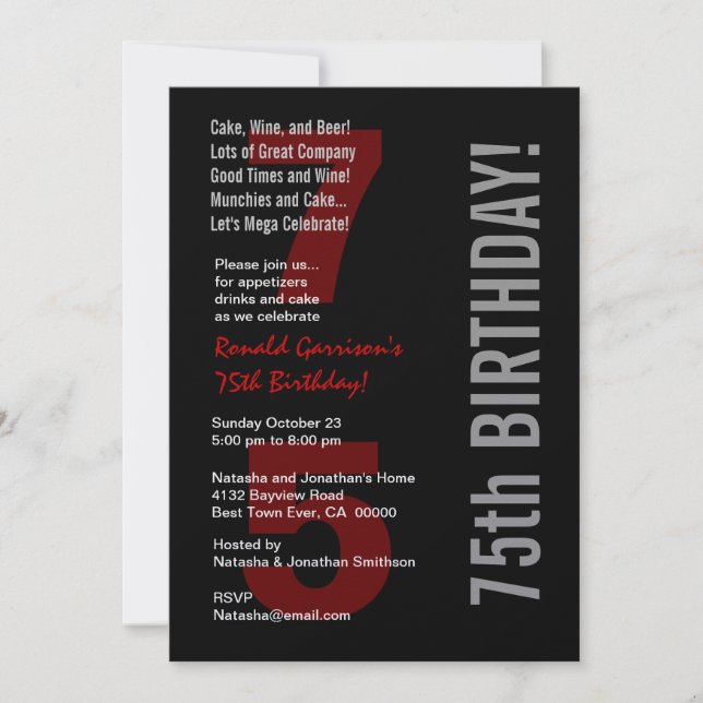 Invitation 75e anniversaire moderne Black White Red Metallic (Devant)