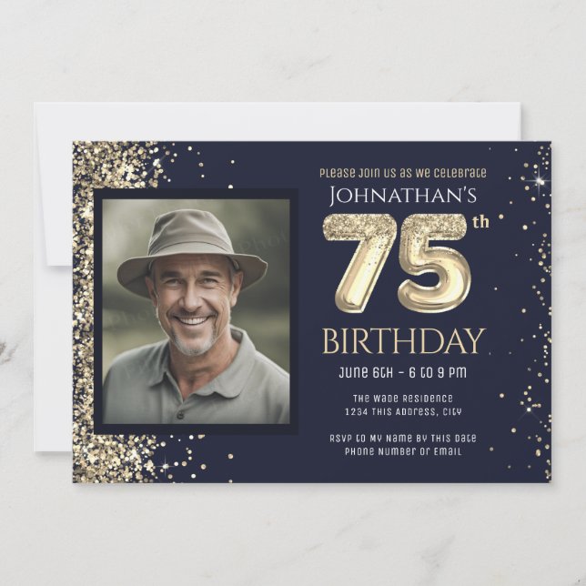 Invitation 75e anniversaire Parties scintillant d'or Bleu Pho (Devant)